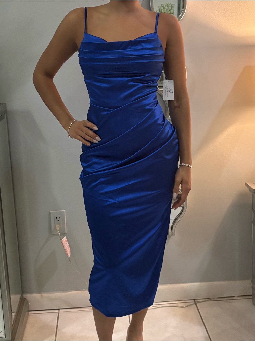 Windsor Cobalt Blue Satin Cowl Neck Midi Dress